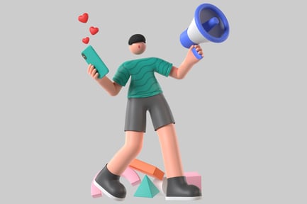 Preview: Man with megaphone and cell phone on colorful blocks