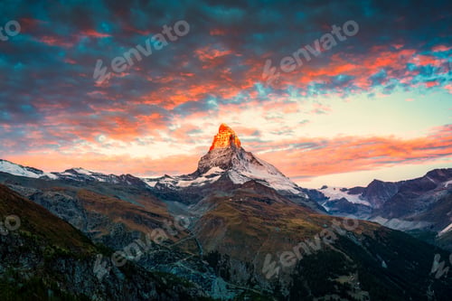 Preview: Matterhorn iconic mountain with colorful sky in the morning at Zermatt, Switzerland