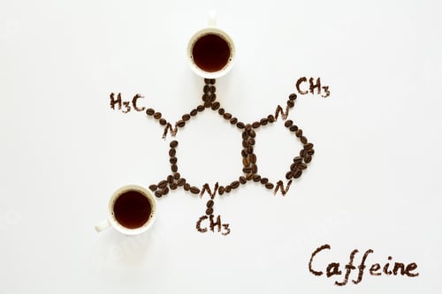 Preview: Chemical formula of Caffeine. Cups of espresso, beans and coffee powder. Art food. Top view.