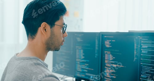 Preview: Closeup young adult Asia male freelance eyeglasses typing write prompt AI bot IT app program nomad.