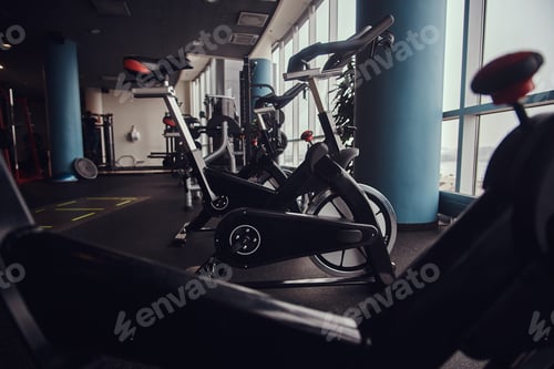 Preview: Sport, fitness, health. Exercise bikes in the fitness center.