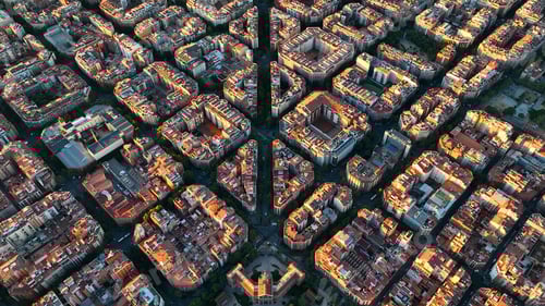 Preview: Aerial view of typical buildings of Barcelona cityscape. Eixample residential famous urban grid