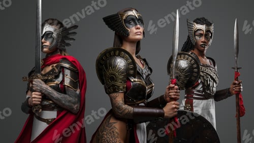Preview: Tattooed female warriors with cold steel against grey background