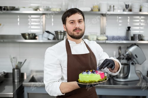 Preview: Young smiling chef holds a mousse cake decorated with handmade chocolates