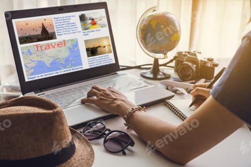 Preview: Young women planning vacation trip and searching information