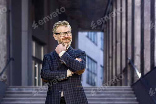 Preview: Portrait of mature adult gray-haired businessman, man with crossed arms outside office building