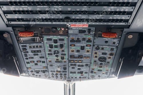 Preview: Control panel. Close up focused view of airplane cockpit