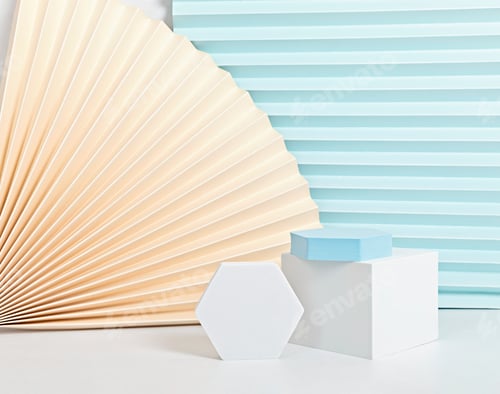Preview: Podium, stand, platform for product presentation. Abstract background made of paper fans