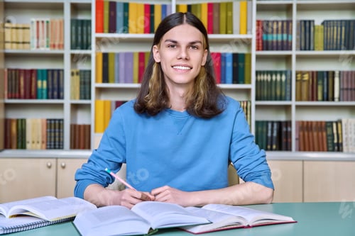 Preview: Teenage guy studying in college library, writing in notebook reading books