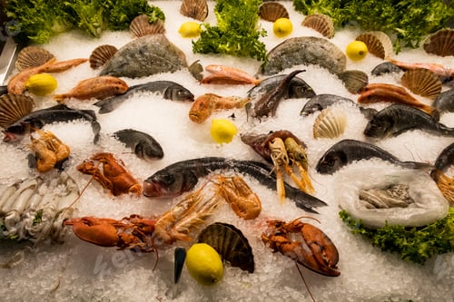 Preview: High angle close up of a selection of fresh fish and shellfish on ice at a market stall.