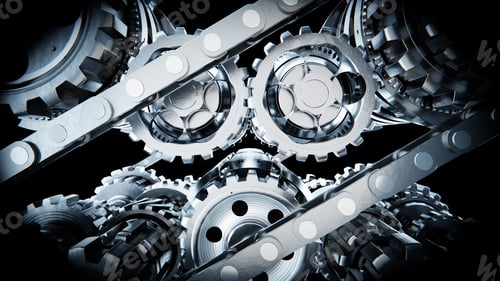 Preview: Metallic gears and chains rotating on black background