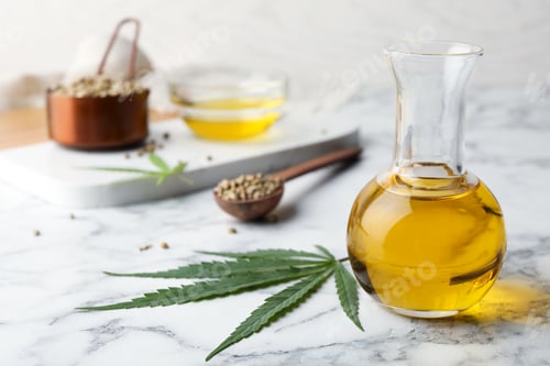 Preview: Composition with hemp oil on marble table
