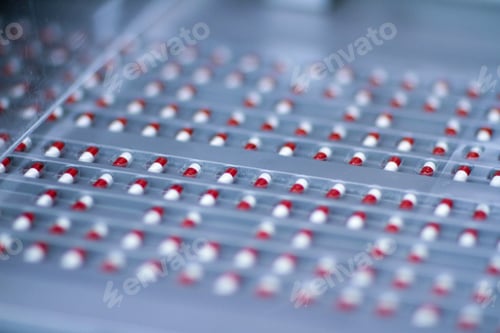 Preview: Closeup view of red droplets on a metallic surface with a shallow depth of field.