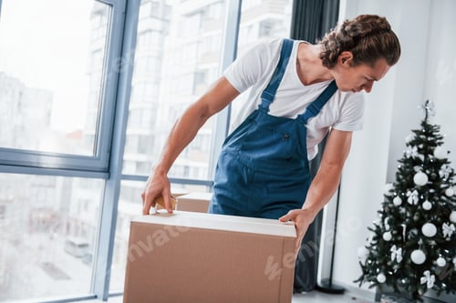 Preview: Young male mover in blue uniform works indoors in the room