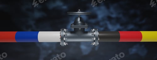 Preview: Nord stream gas pipeline, Russia and Germany flag on pipe with valve. 3d render