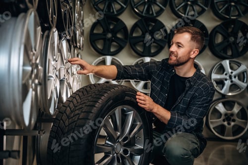Preview: Sitting, professional man worker is maintenance station with tires, wheels