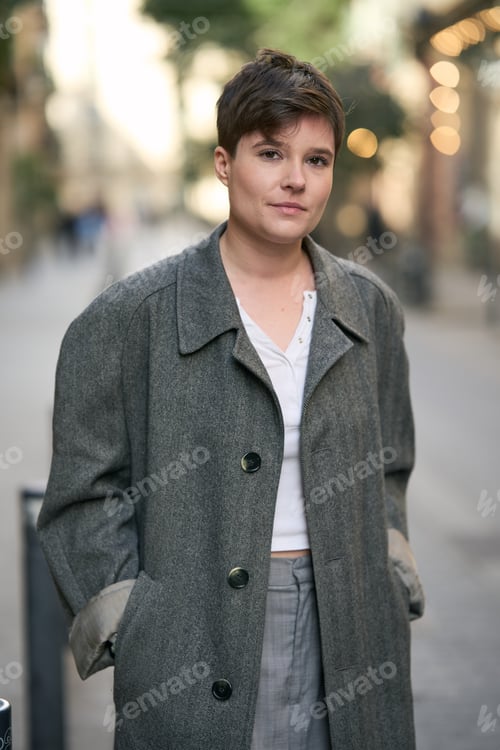 Preview: Young model showing new short haircut outdoors after hair salon treatment