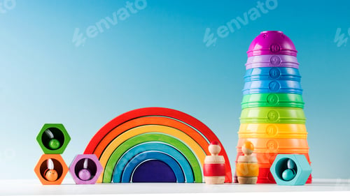 Preview: Contemporary toys to play and develop for toddlers on blue background closeup
