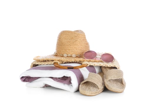 Preview: Different stylish beach accessories on white background