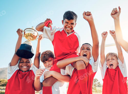 Preview: Soccer, celebration and kids team with trophy on soccer field, happy and excited at winning game. S