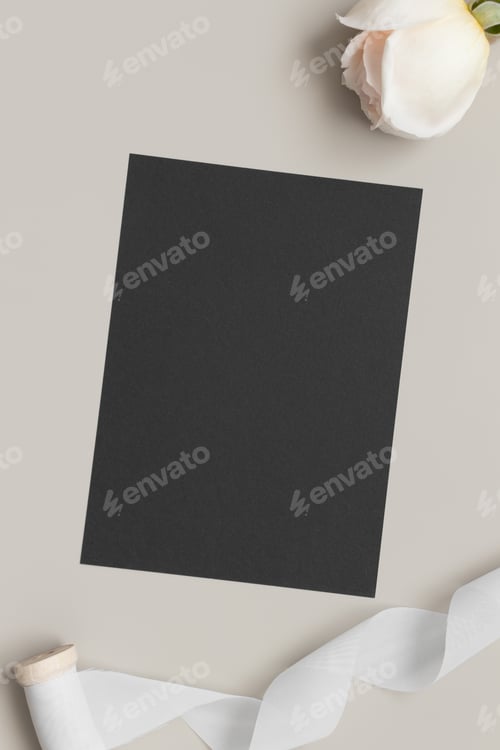 Preview: Invitation black card mockup with a rose on the beige table. 5x7 ratio, similar to A6, A5.