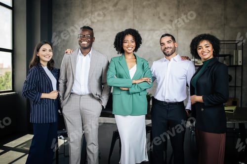 Preview: Five Multiethnic Businessmen And Businesswomen Coworkers Posing Standing In Office