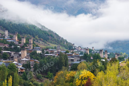 Preview: Old Georgian town of Mestia. Tourist attraction