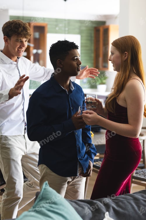 Preview: Teen friends celebrating at home, enjoying drinks and lively conversation together