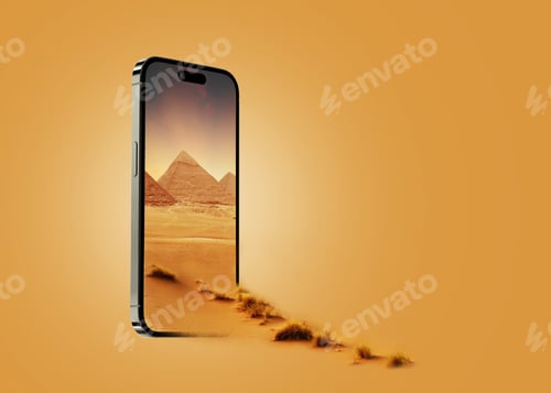 Preview: Beautiful desert with pyramids in Egypt from smartphone, creative idea. Journey to Africa
