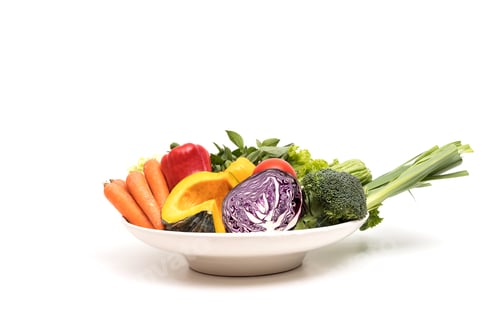 Preview: Assort fresh fruits and vegetables in dish isolated on white background