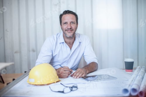 Preview: Portrait of male construction foreman at desk in portable cabin