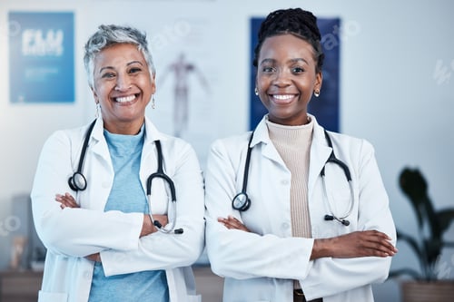 Preview: Portrait, happy and proud doctor team in hospital with vision, goal or mindset for innovation. Face