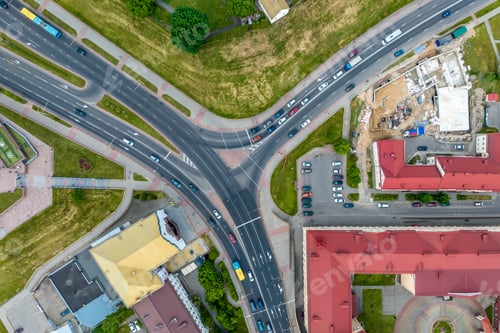 Preview: aerial view of road junction with heavy traffic at city