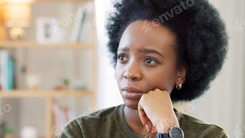 Preview: Black woman, stress and thinking in a home with memory and idea in a living room. African female pe