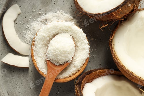 Preview: Composition with coconut and coconut powder, top view
