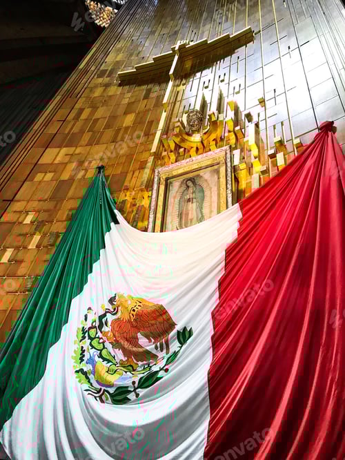 Preview: Mexican flag over La Virgen de Guadalupe inside the Basílica de Guadalupe in Mexico City.