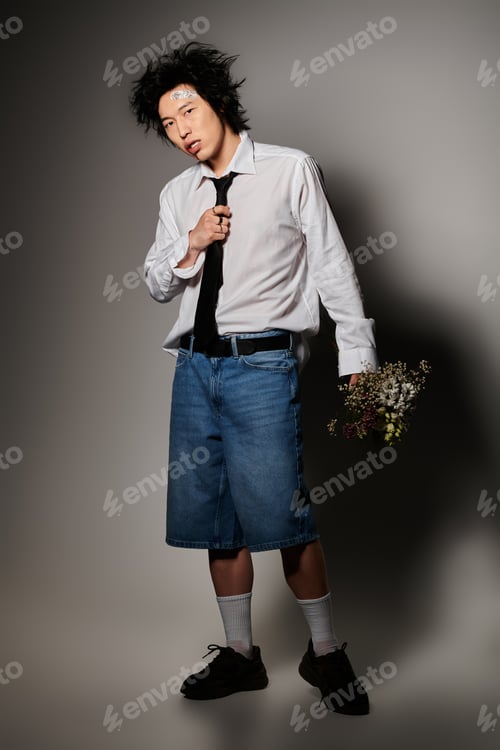 Preview: Stylish spring fashion featuring an asian man in a studio setting with a modern twist