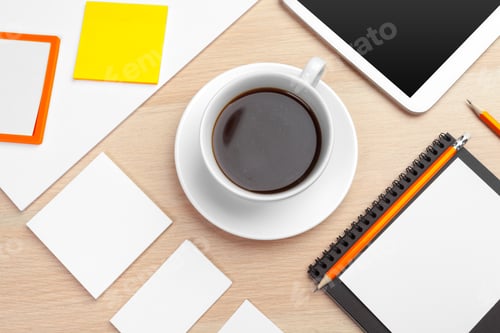 Preview: Corporate identity design template on wooden desk close up