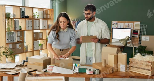 Preview: Small business, team and clipboard in office for delivery, inspection or quality assurance of order