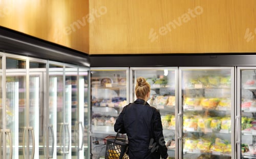 Preview: Woman Choosing Frozen Food From A Supermarket Freezer. Purchasing A Packet Of Meat At The