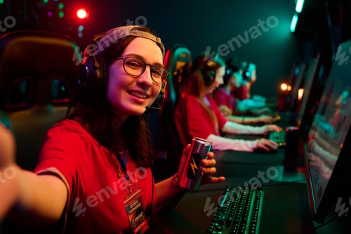 Preview: Portrait of Caucasian Teen Girl Gamer Team Streaming Esports Tournament Online