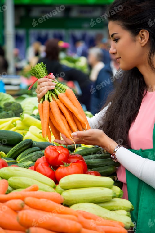 Preview: Pretty young woman buying vegetables on the market