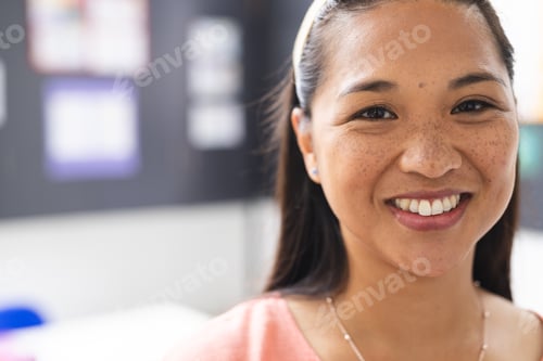 Preview: A young biracial female teacher in classroom smiles at camera with copy space