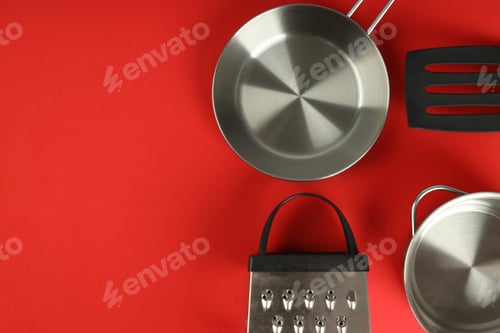 Preview: Kitchen utensil on red background, space for text