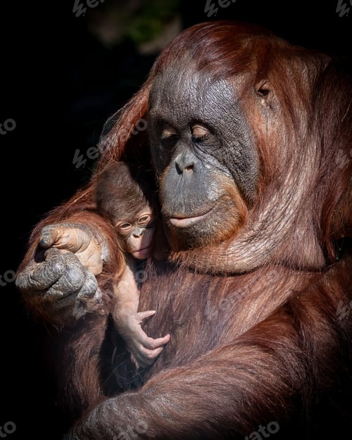 Preview: Closeup of a mother orangutan holding her baby in the wild
