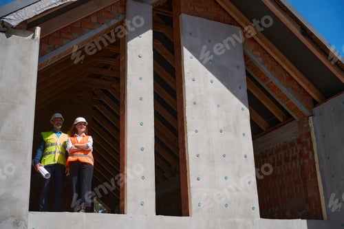 Preview: Satisfied with building progress engineers looking at construction site