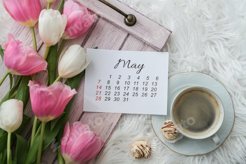 Preview: May calendar, tulips bouquet and a cup of coffee