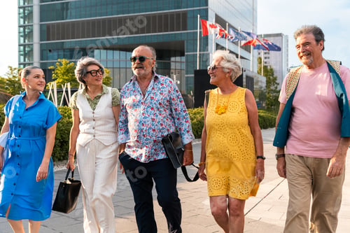 Preview: Group of senior friends meeting outddors in the city and having fun