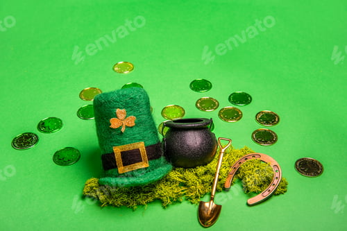 Preview: Gold coins scattered on green isolated background, St. Patricks hat, leprechaun kettle, horseshoe