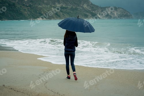 Preview: Young woman standing with an umbrella in front sea in winter or autumn
